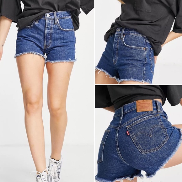 Levi's 501 Original Frayed Hem Shorts in mid wash High-waist Denim Button-up 28 - Picture 1 of 7